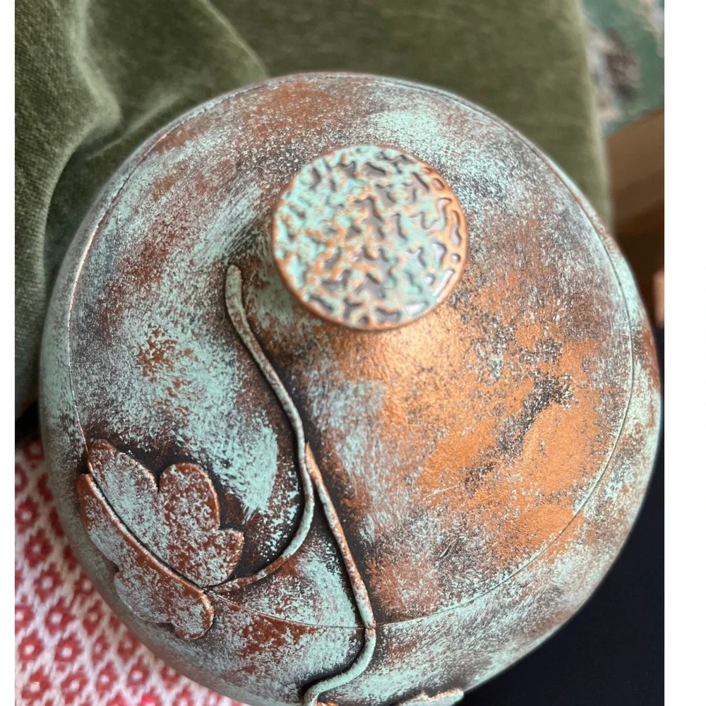 Folk‎ Art Lidded Gourd Vessel verdigris-like painted finish leaf embellishments